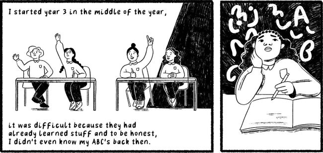 Figure 1: Illustration of Olivia based on research findings taken from Refugee stories: Education: Obstacles and aspirations, edited by Câmara (2023), illustrated by Arc Studio and funded by the University of Bristol’s Temple Quarter Engagement Fund.